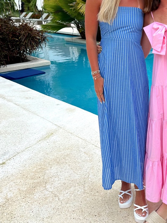Olivaceous Dresses & Skirts - Blue and White Pinstripe Strapless Maxi Dress